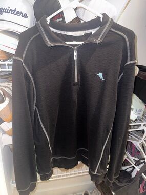 Tommy Bahama Black Quarter-Zip Pullover with Light Blue Marlin Logo